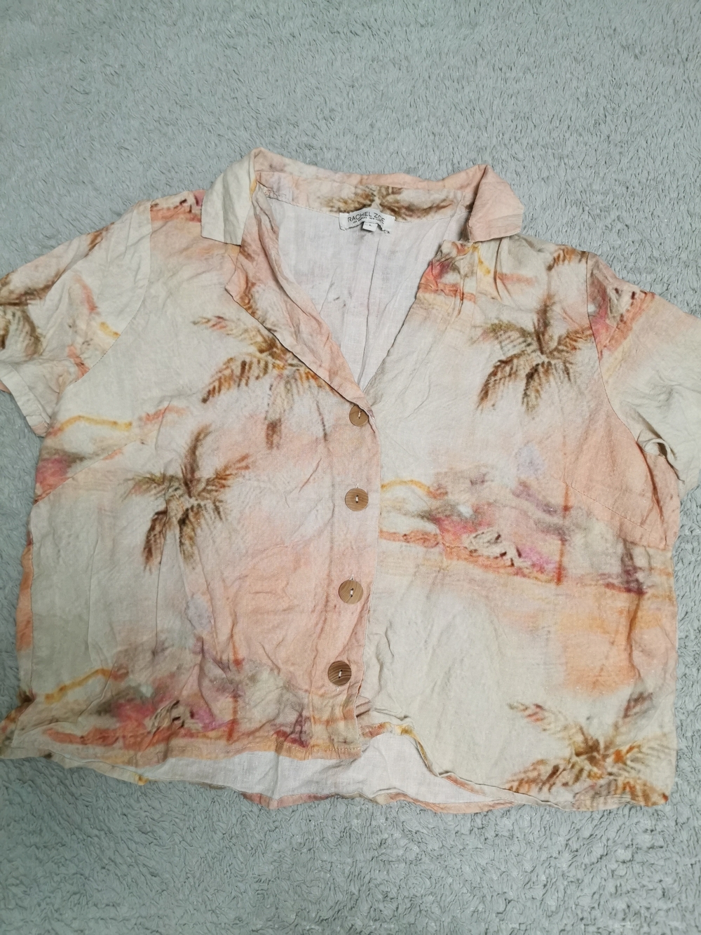 Light Peach Palm-Print Button Front Women's Top And Bottom Set